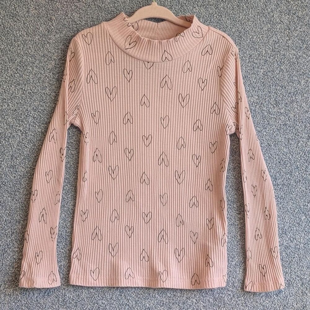 Old Navy Girls Size 5T Pink Heart Rib Knit Mock Neck Long Sleeve Shirt